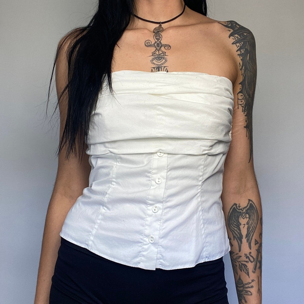 Y2K White Corset Strapless Bandeau Office Top Ruched Button Peplum Blouse Sz 6